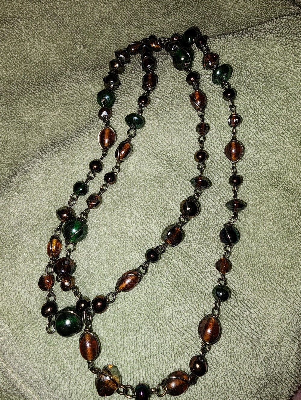 Vintage beaded statement necklace multi-strand design with amber-brown and d